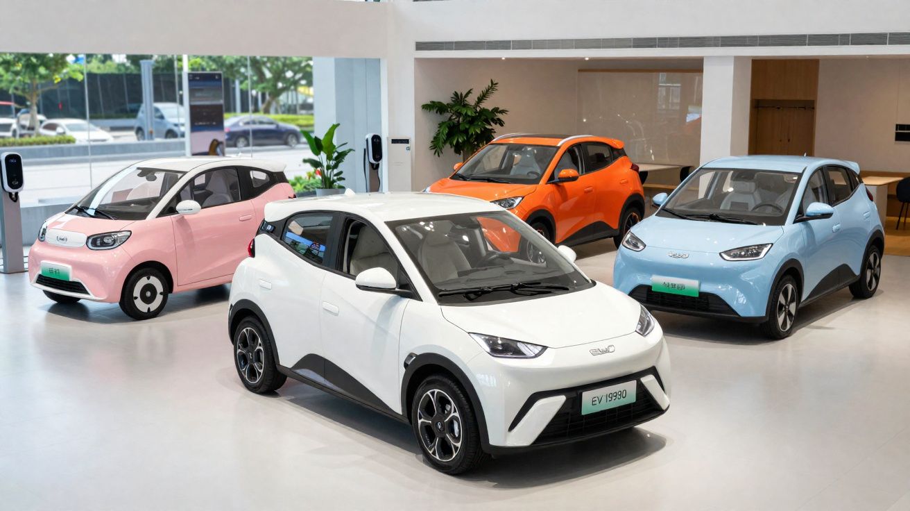 Quatro carros elétricos compactos de cores diferentes expostos em salão moderno e bem iluminado.