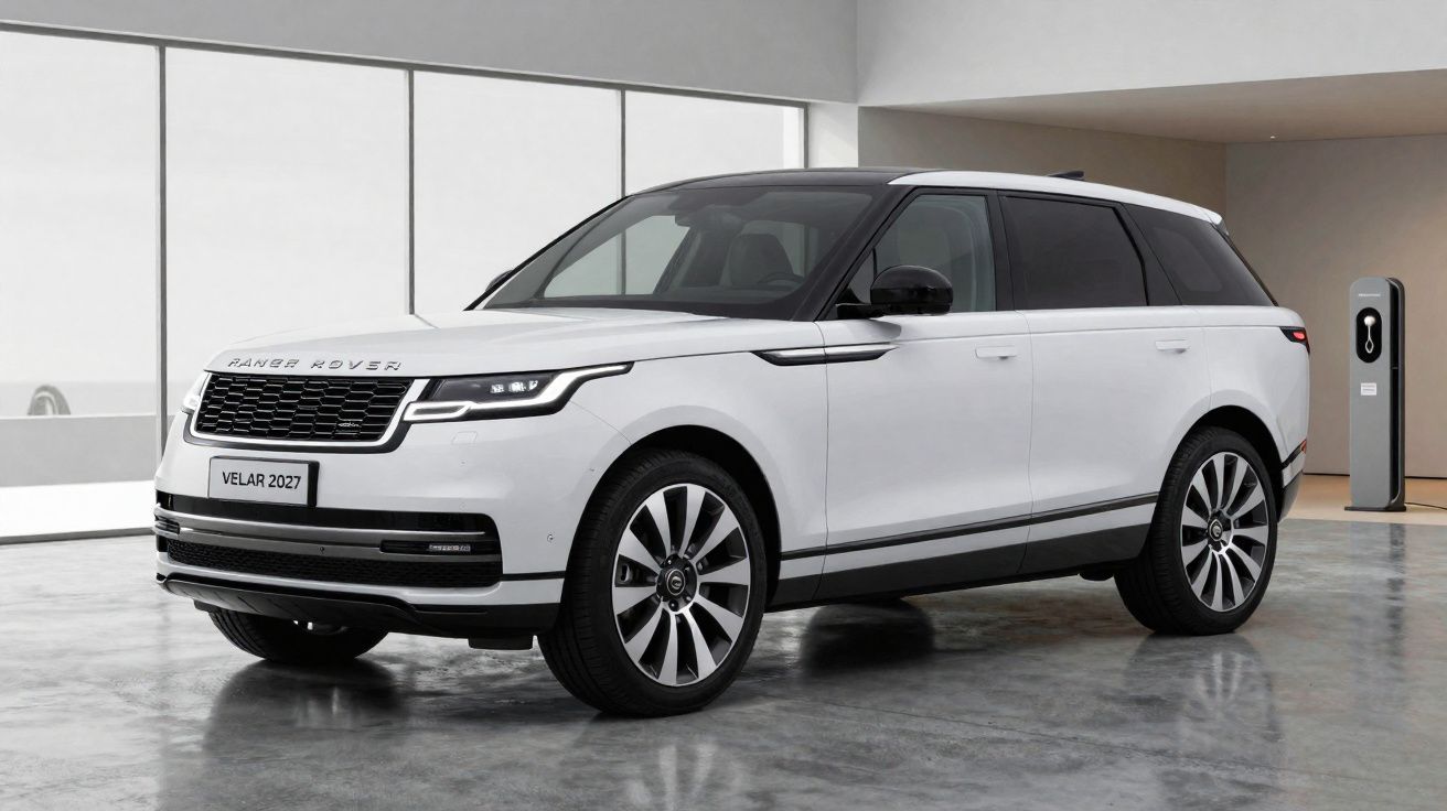 Carro elétrico branco Range Rover Velar 2027 estacionado em garagem moderna com carregador.