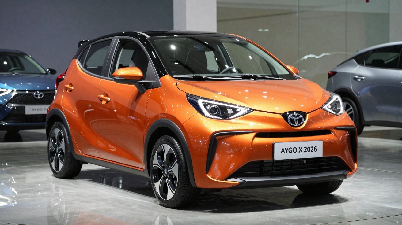 Carro compacto Toyota Aygo X 2026 laranja com teto preto em exposição num salão automóvel.