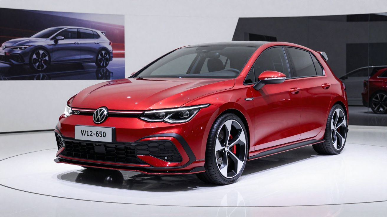 Carro Volkswagen Golf GTI vermelho brilhante exibido numa plataforma branca em salão automóvel moderno.