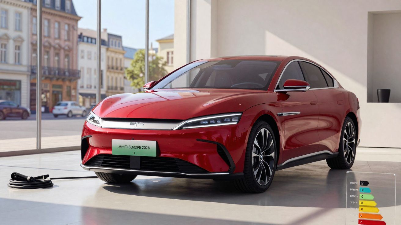 Carro elétrico vermelho BYD estacionado num espaço moderno com caixa de carregamento junto ao veículo.