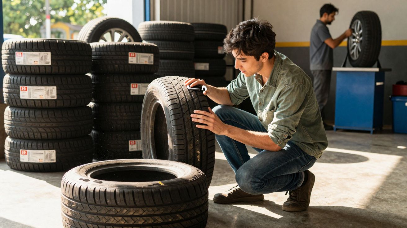 Homem inspeciona pneu de carro enquanto outro trabalha em pneu num mecânico com pneus empilhados ao fundo.
