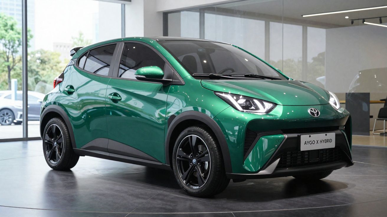 Carro compacto Toyota Aygo X Hybrid verde exposto numa sala com grandes janelas e chão cinza.
