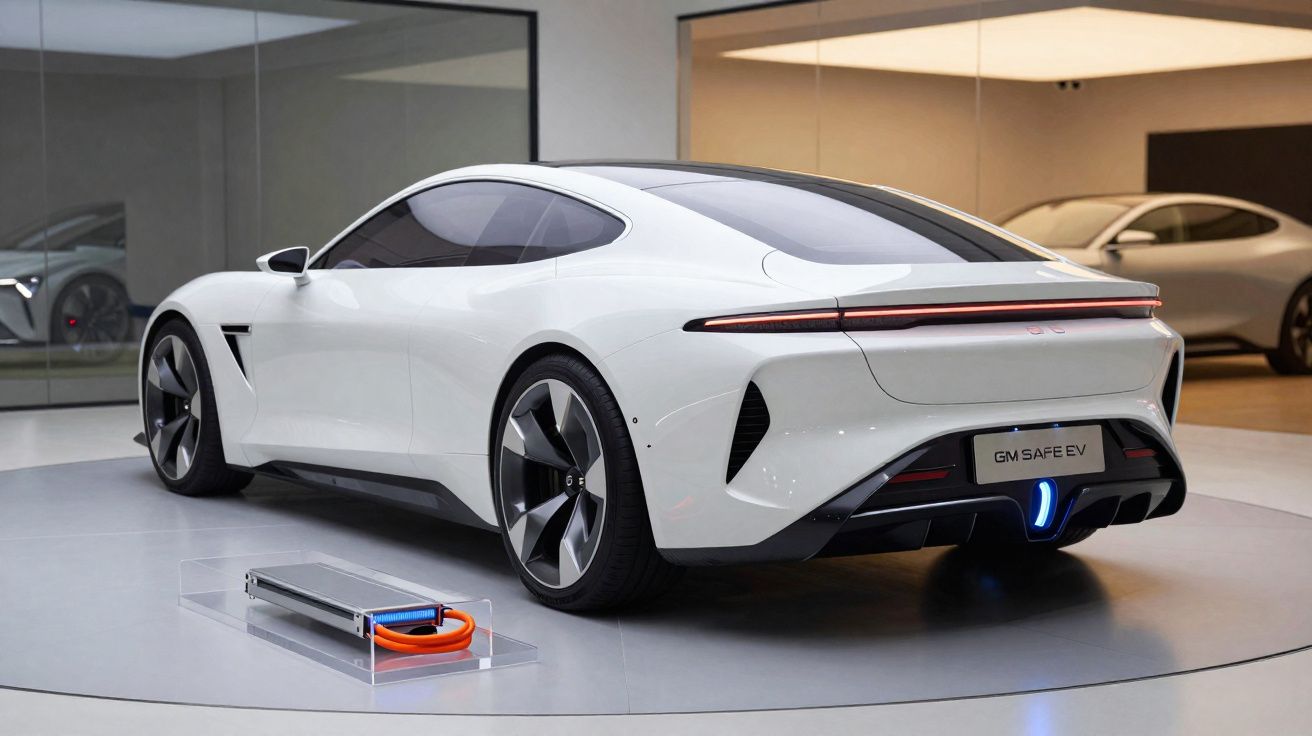 Carro elétrico desportivo branco em exposição, com carregador à frente, em ambiente moderno e minimalista.