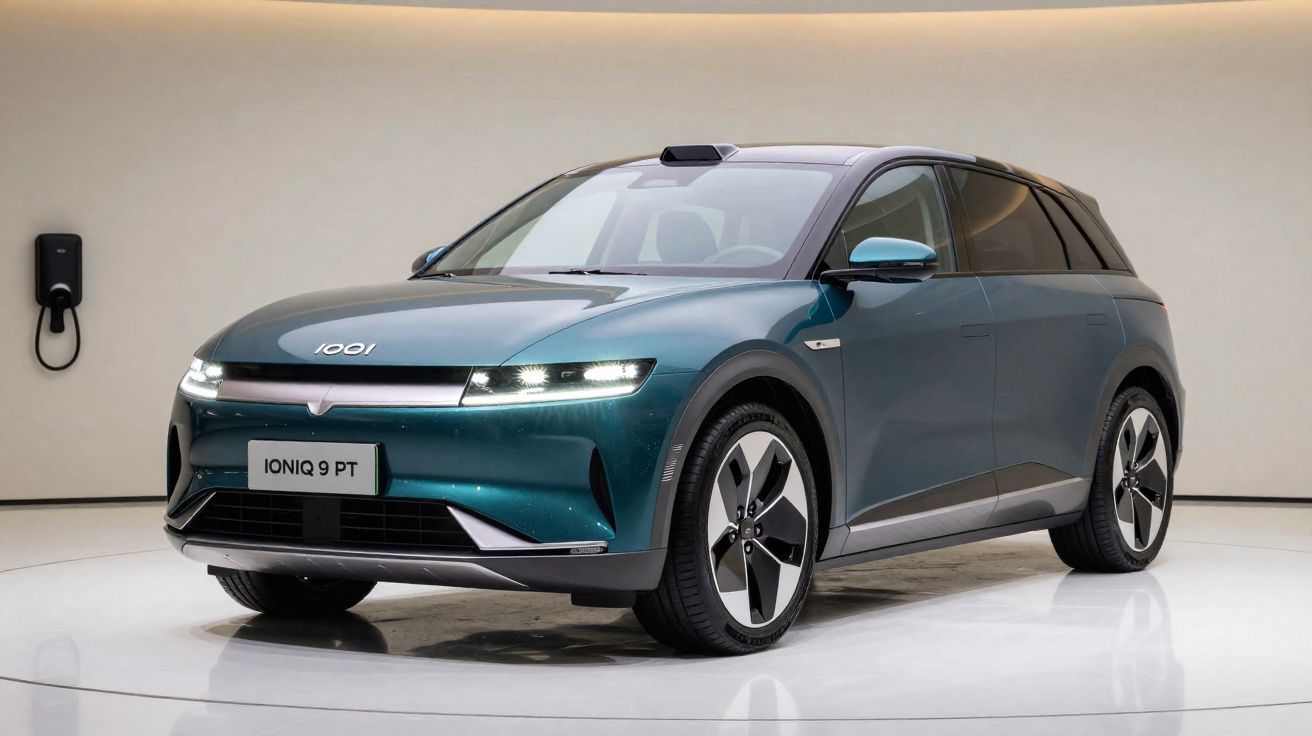 Carro elétrico Hyundai Ioniq 9 PT verde-azulado estacionado em ambiente moderno e minimalista.