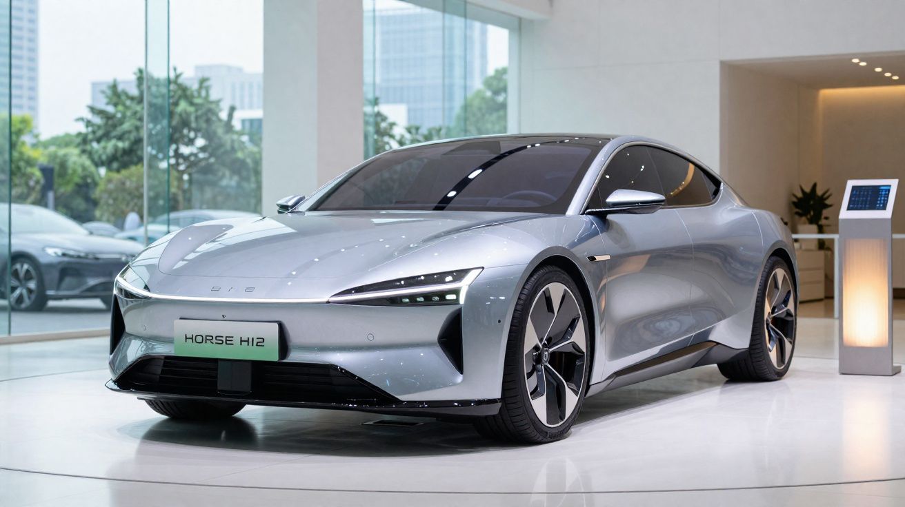 Carro elétrico desportivo cinza Horse H12 exposto em showroom moderno com jantes aerodinâmicas.