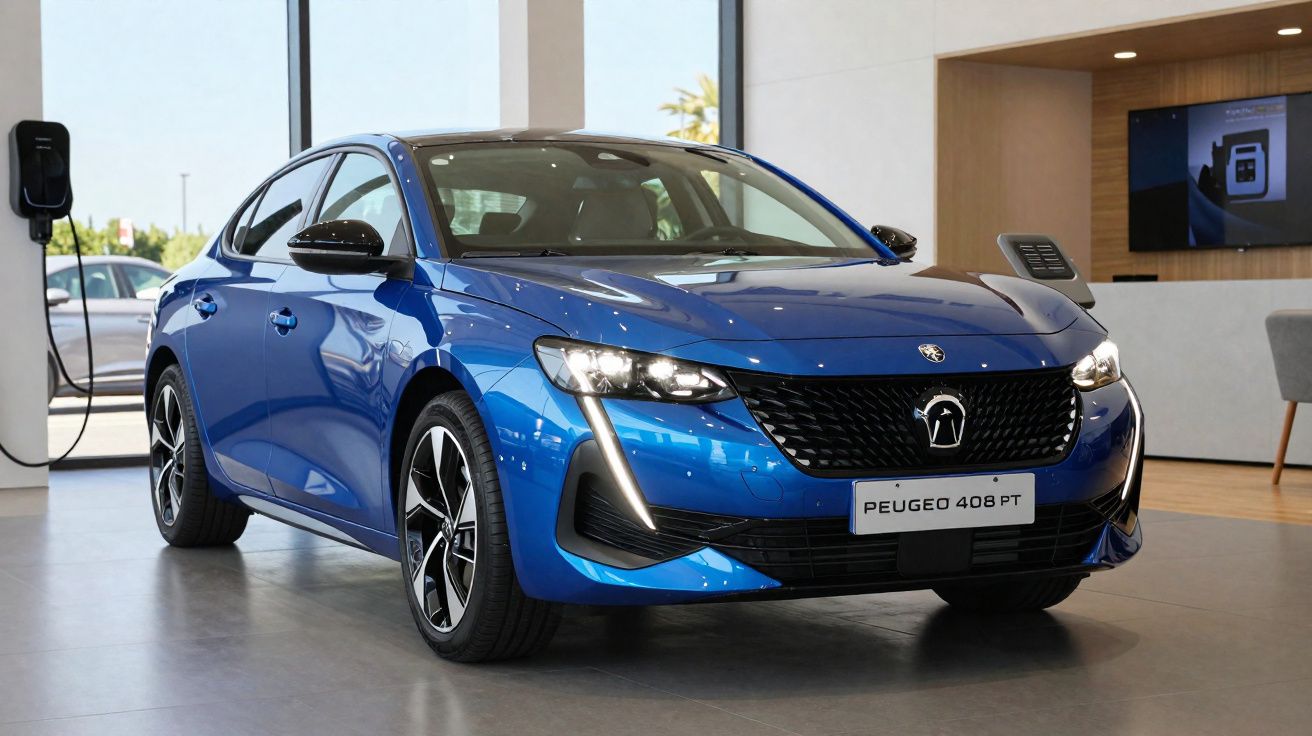 Carro azul Peugeot 408 PT em exposição numa sala moderna com carregador elétrico na parede.