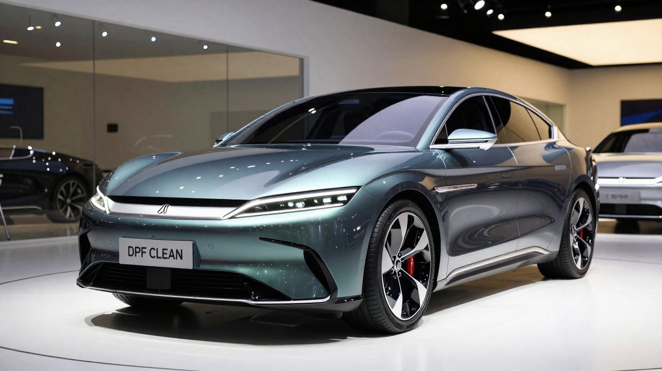 Carro elétrico cinza metálico em exposição num salão, com faróis LED e design aerodinâmico.