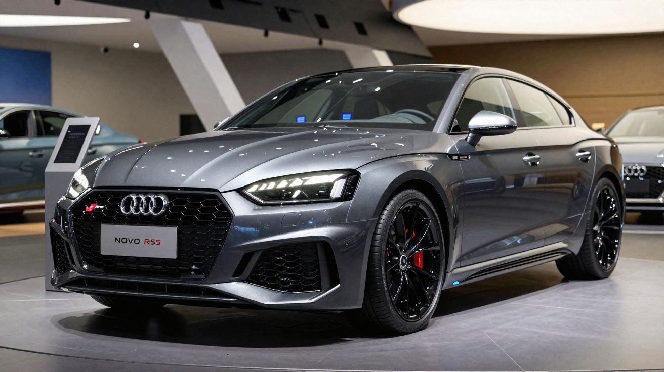 Audi Novo RS5 cinzento metálico em exposição num salão automóvel, com jantes negras e detalhes vermelhos.
