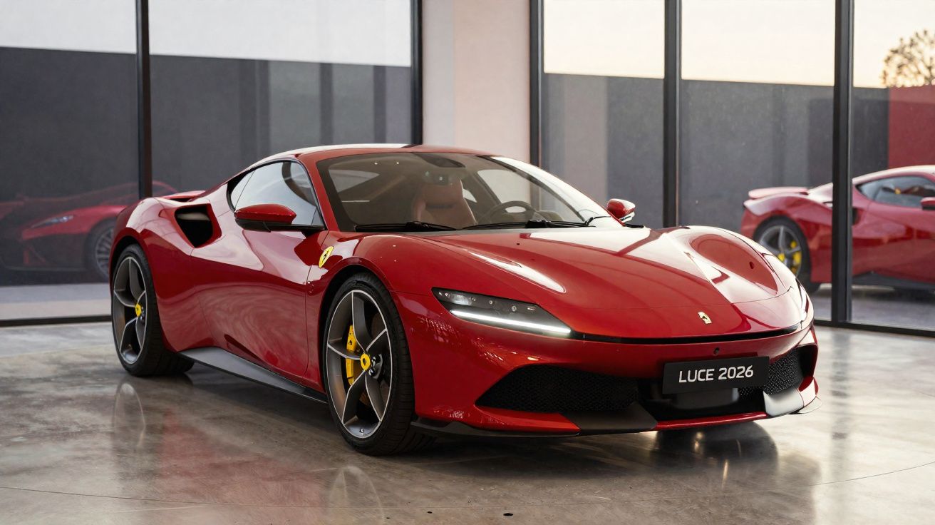 Carro desportivo vermelho Ferrari estacionado em salão com chão de cimento polido e vidro ao fundo.