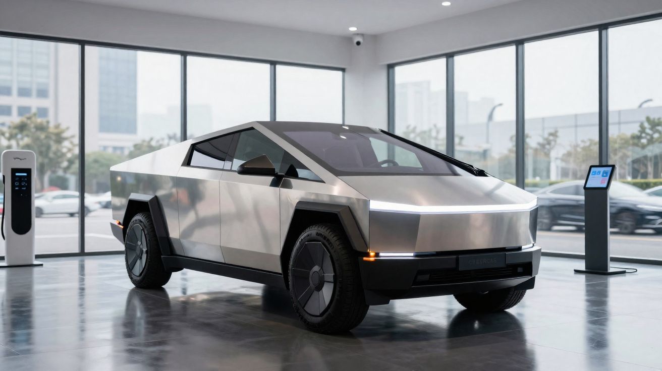 Carro elétrico futurista Tesla Cybertruck prateado numa sala com grandes janelas e postos de carregamento.
