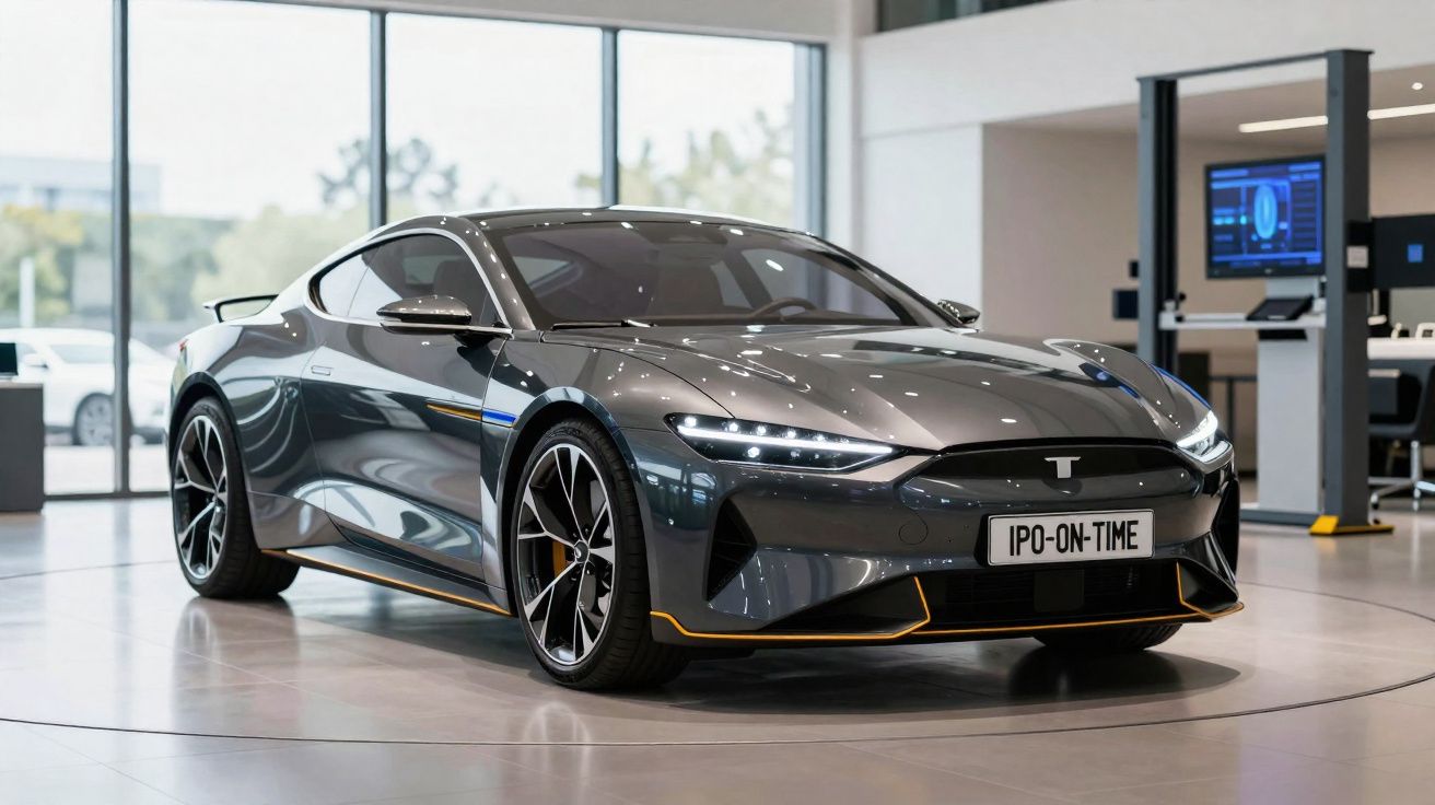 Desportivo elétrico cinza escuro com detalhes amarelos numa exposição interior moderna e espaçosa.