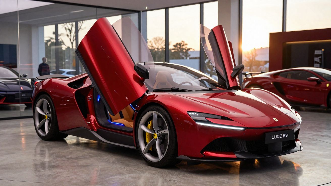 Carro desportivo vermelho com portas em asa de gaivota abertas em showroom moderno iluminado.