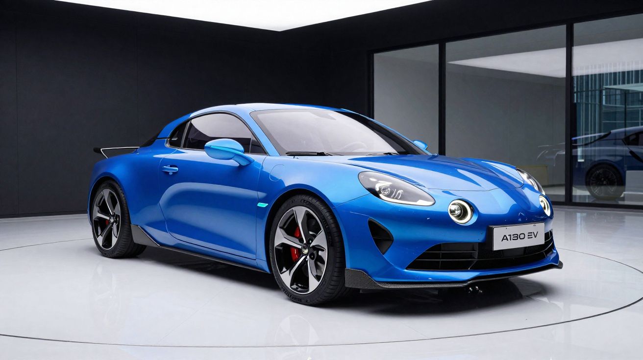 Carro desportivo elétrico azul Alpine A110 EV estacionado em espaço interior minimalista.