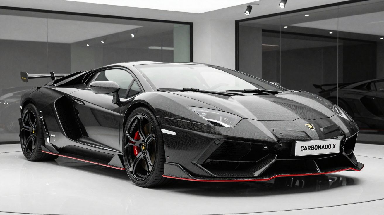 Lamborghini Aventador preto Carbonado X estacionado em espaço moderno com chão branco e paredes espelhadas.