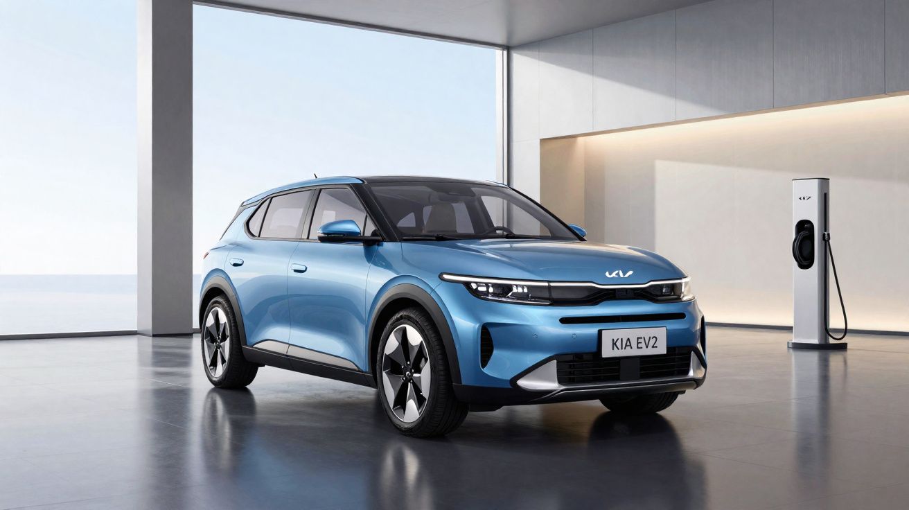 Carro elétrico Kia EV2 azul estacionado em garagem moderna com estação de carregamento.