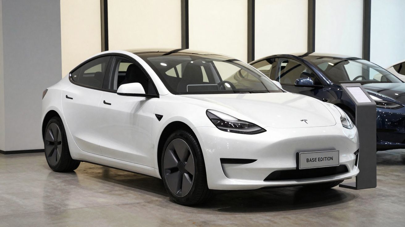 Carro elétrico Tesla Model 3 branco estacionado em showroom com placa "Base Edition" na frente.