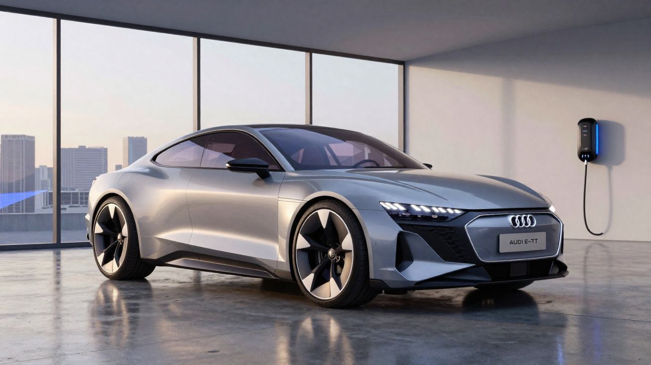 Carro elétrico Audi e-tron GT cinzento estacionado numa garagem moderna com carregador na parede.