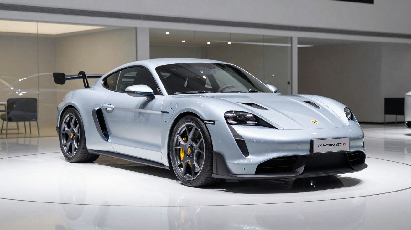 Carro desportivo Porsche Taycan GT 4S prata exibido em plataforma branca numa sala de exposição moderna.