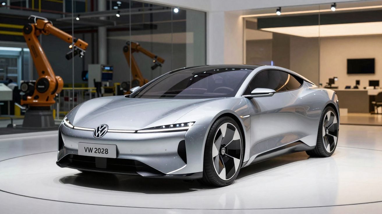 Carro elétrico desportivo prateado Volkswagen 2028 exibido em espaço moderno de exposição.