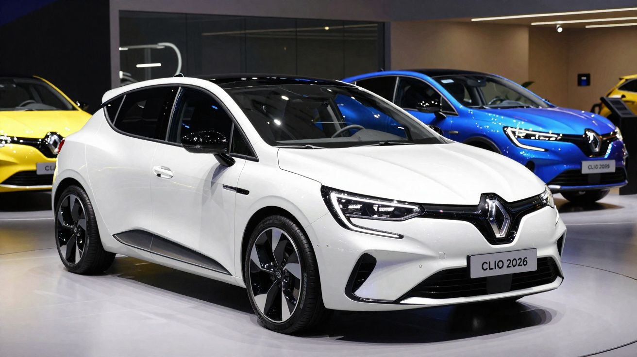 Automóvel Renault Clio 2026 branco exibido em showroom com dois carros ao fundo.