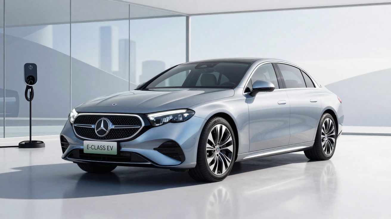 Mercedes-Benz E-Class EV cinzento estacionado interior com estação de carregamento elétrica atrás.