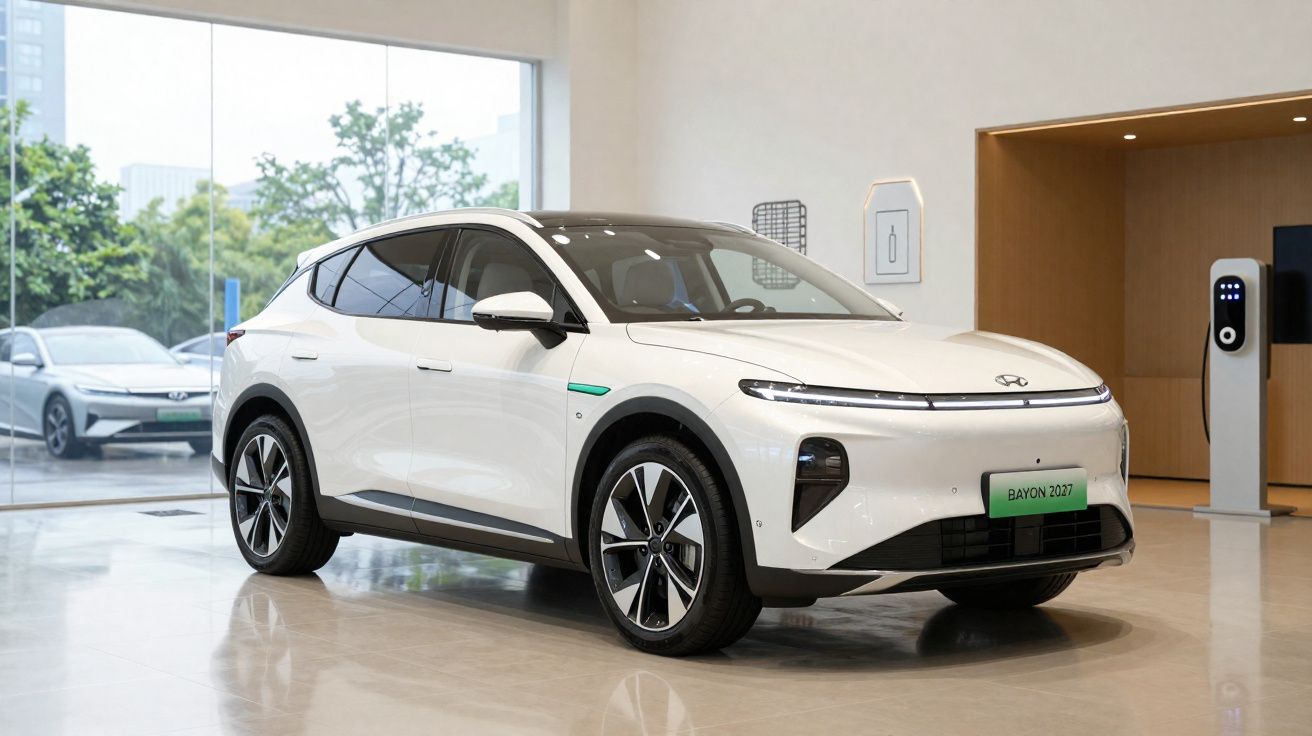 Carro elétrico branco moderno estacionado dentro de um showroom com carregador de veículos elétricos.