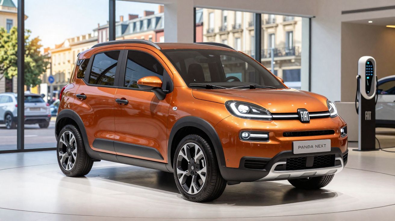 Automóvel Fiat Panda Next laranja exposto numa sala com postes de carregamento elétrico.