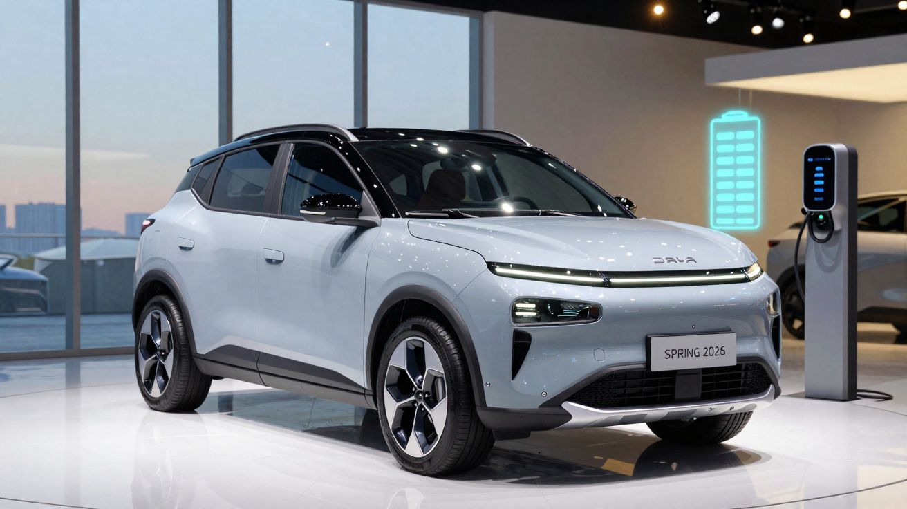 Carro elétrico branco modelo 2025 numa exposição, junto a um carregador elétrico iluminado.