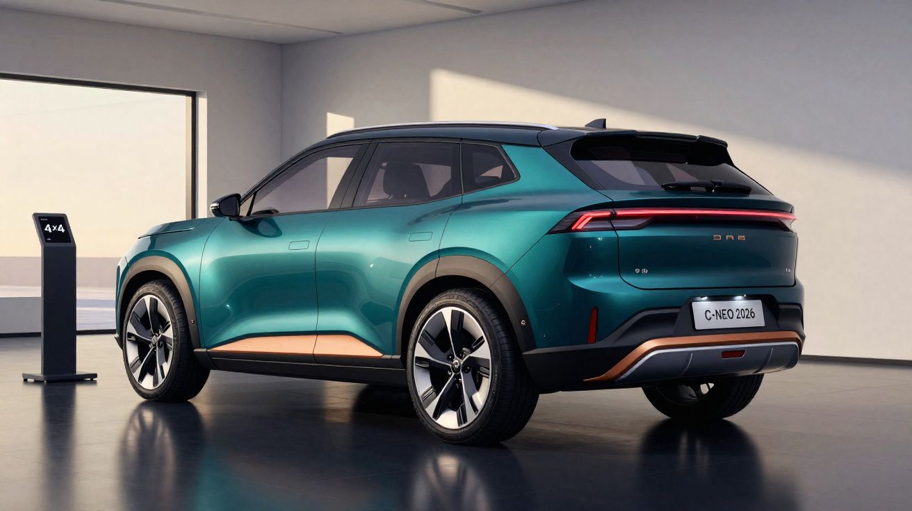 SUV elétrico verde com detalhes em bronze estacionado numa garagem minimalista com posto de carregamento 4x4.