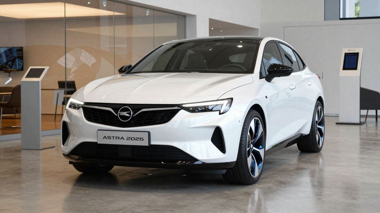 Carro branco Opel Astra 2026 em exposição numa sala moderna com chão de cimento polido.