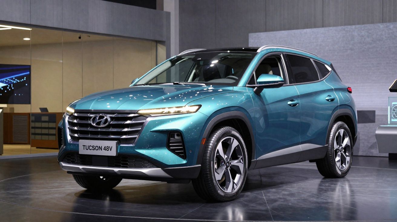 SUV Hyundai Tucson 48V azul, exposto em stand moderno com luzes refletidas no capô.