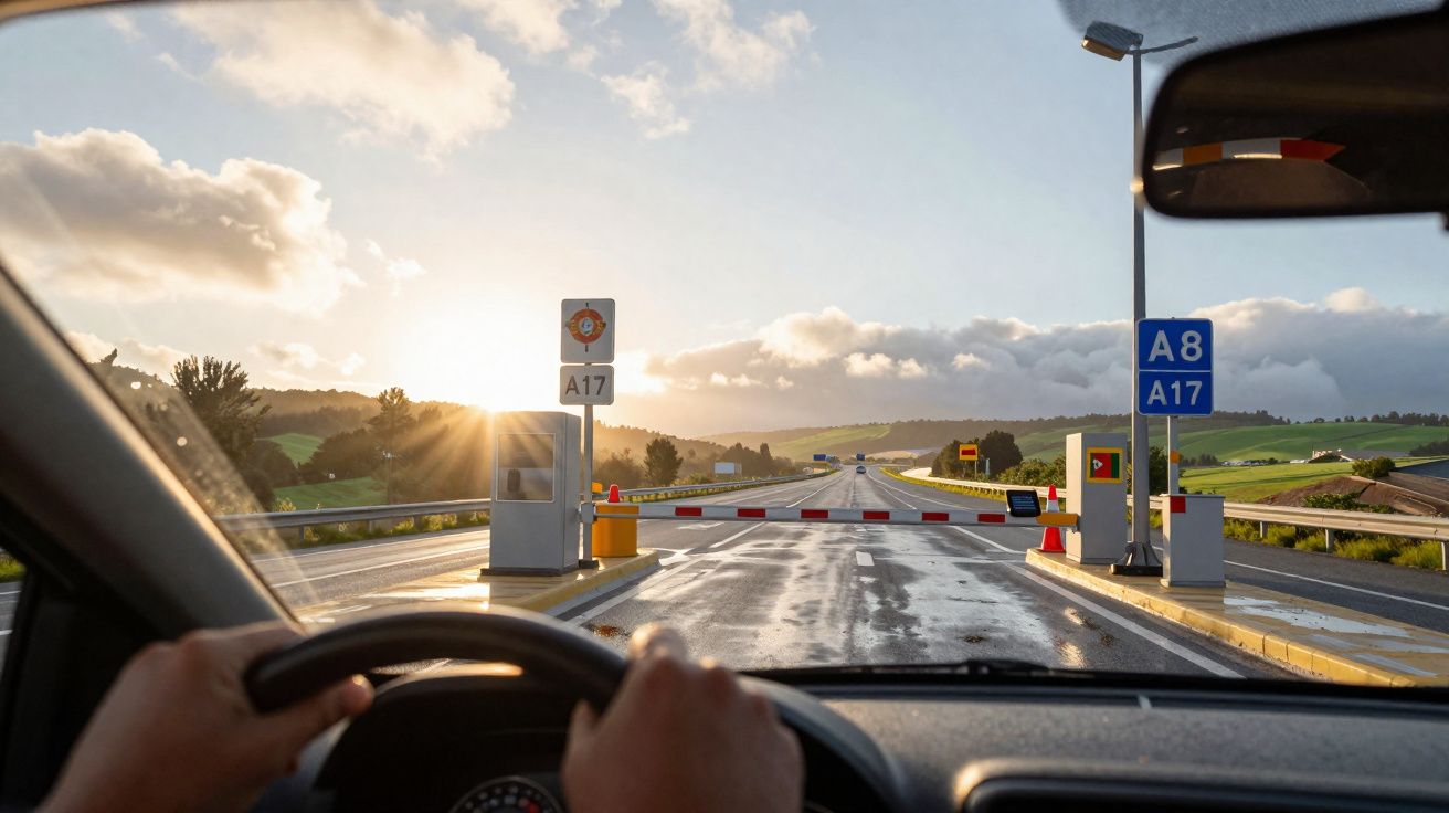 Vista interior de um carro parado num pedágio à entrada da A17 com o sol a pôr-se no horizonte.