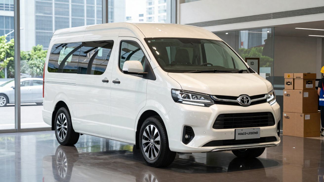 Carrinha Toyota Hiace Legend branca estacionada dentro de um edifício moderno com janelas grandes.