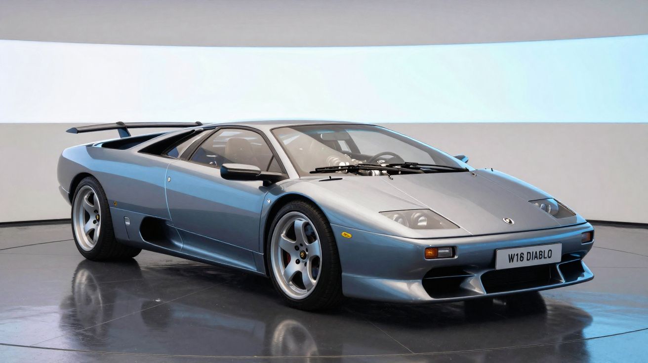 Carro desportivo Lamborghini Diablo azul metálico estacionado em sala de exposições moderna e iluminada.