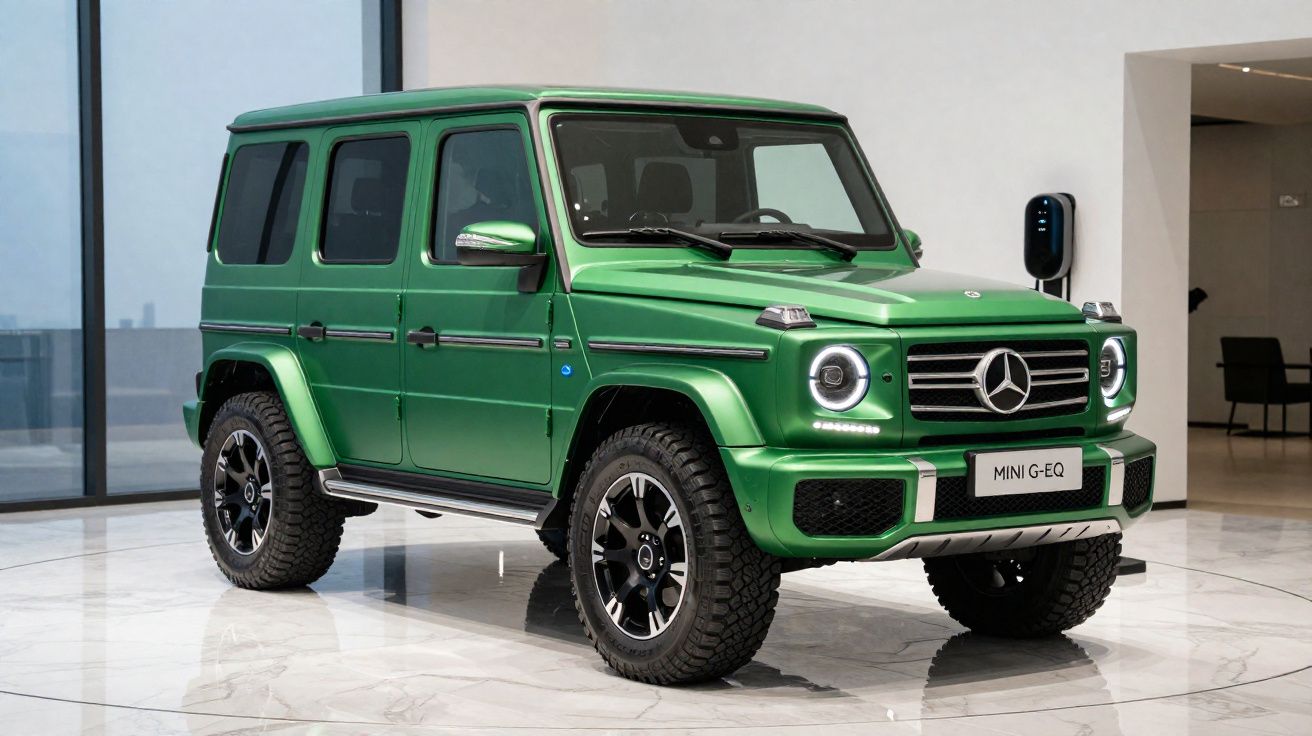SUV Mercedes-Benz G-Class verde metálico estacionado numa sala moderna com parede branca e chão em mármore.