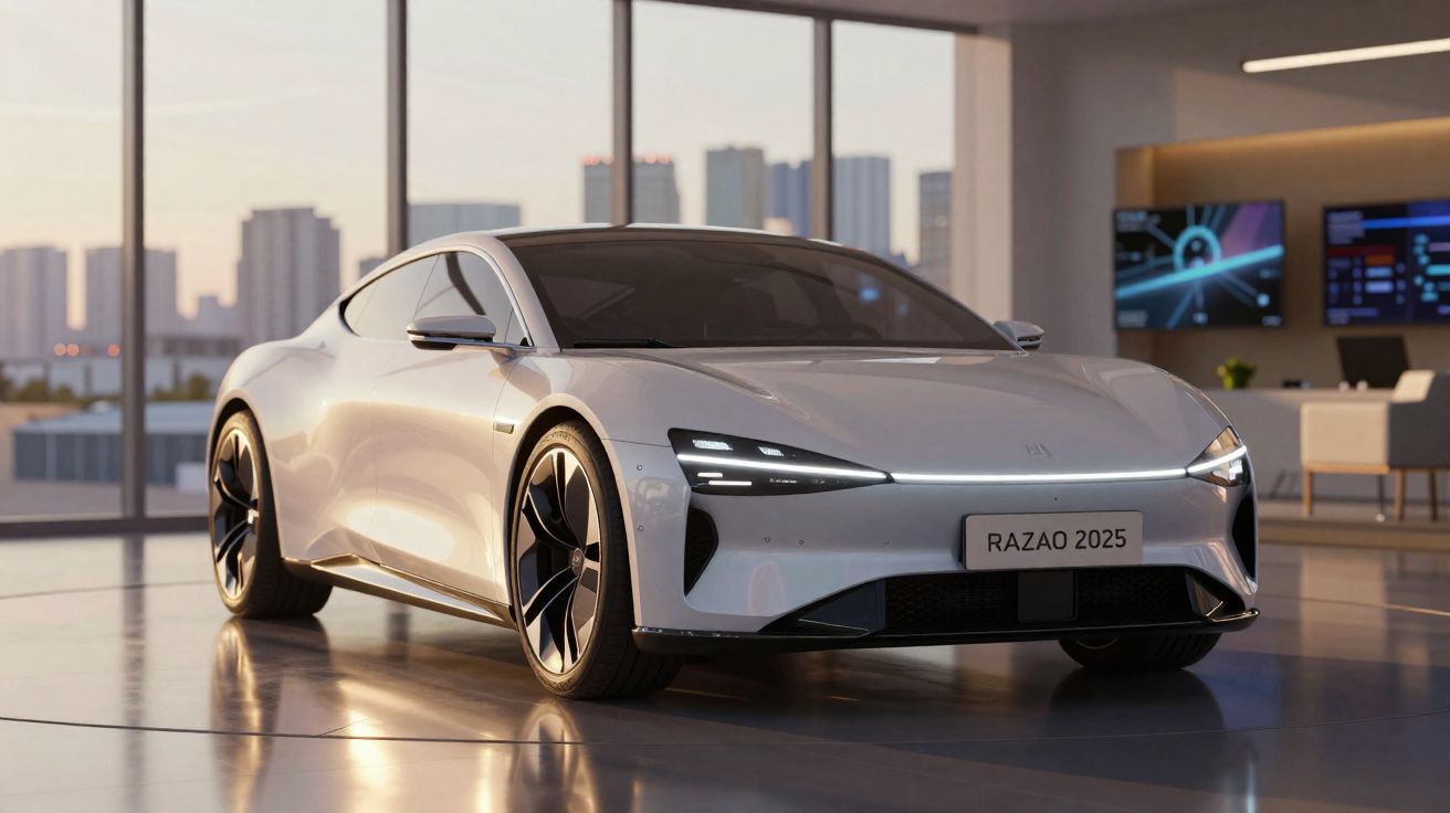 Carro elétrico desportivo branco RAZAO 2025 num showroom moderno com janelas panorâmicas.