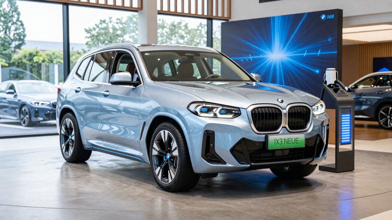 Carro elétrico BMW ix3 azul claro em exposição, ligado a posto de carregamento dentro de showroom moderno.