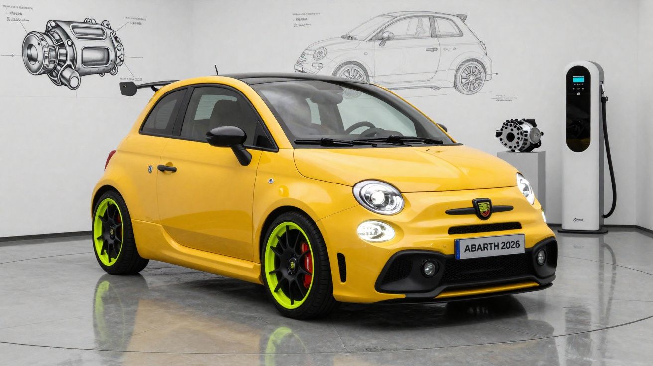 Carro compacto amarelo Abarth 2026 com rodas verdes neon, exposto em sala moderna com desenhos técnicos nas paredes.