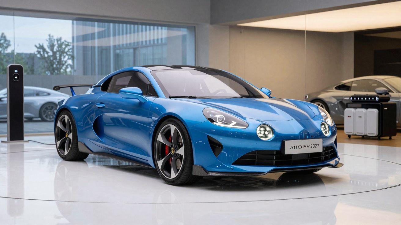 Carro desportivo elétrico azul Alpine A110 EV 2027 exibido numa sala moderna com carregador ao lado.