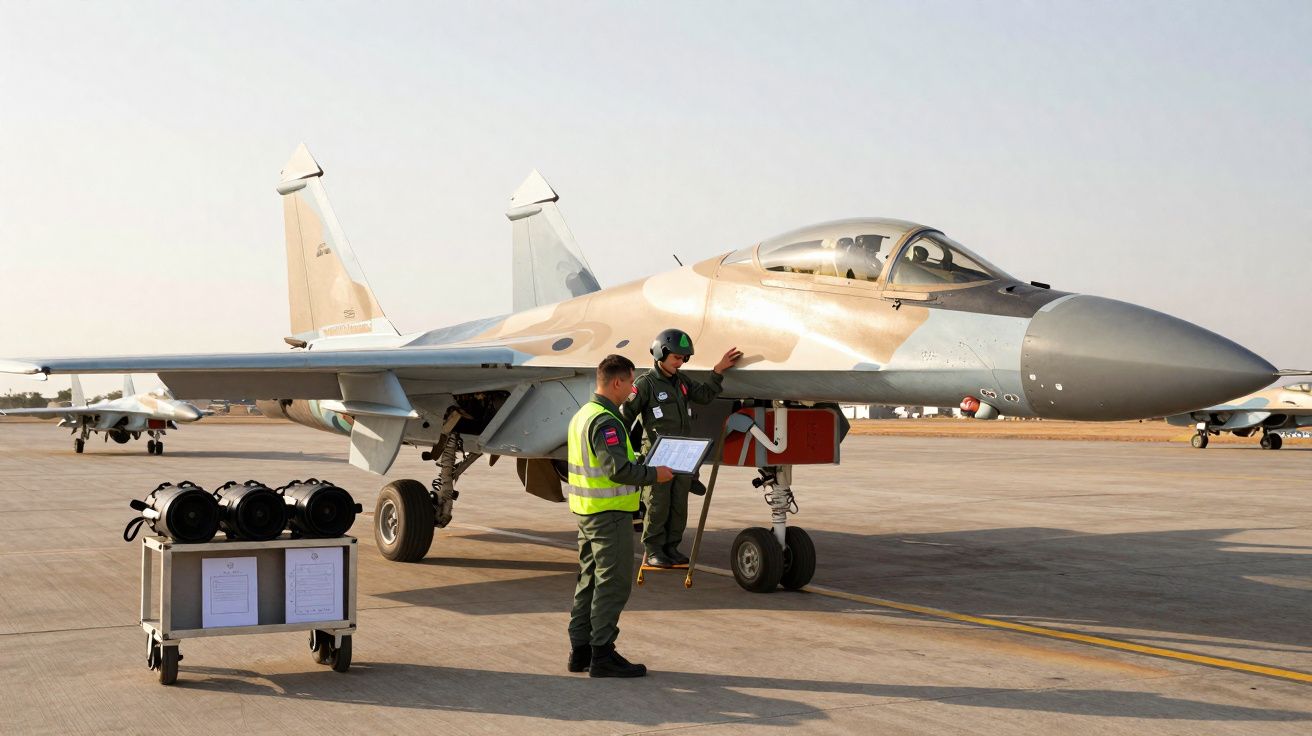 Caça militar estacionado com duas pessoas em fardas militares ao seu lado numa pista de aeroporto.