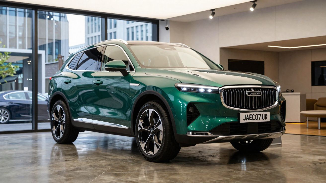 SUV verde metálico estacionado num espaço interior moderno com janelas grandes e chão de azulejo.