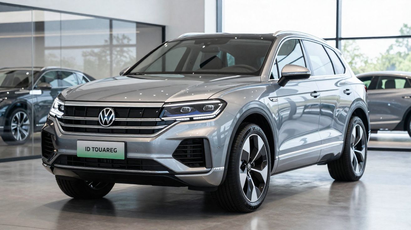 SUV Volkswagen ID Touareg cinzento estacionado em showroom moderno com grandes janelas.
