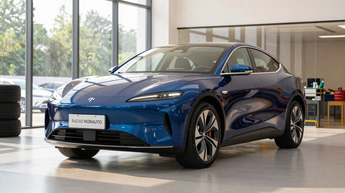 Carro elétrico azul moderno estacionado numa loja de automóveis com grandes janelas e piso claro.