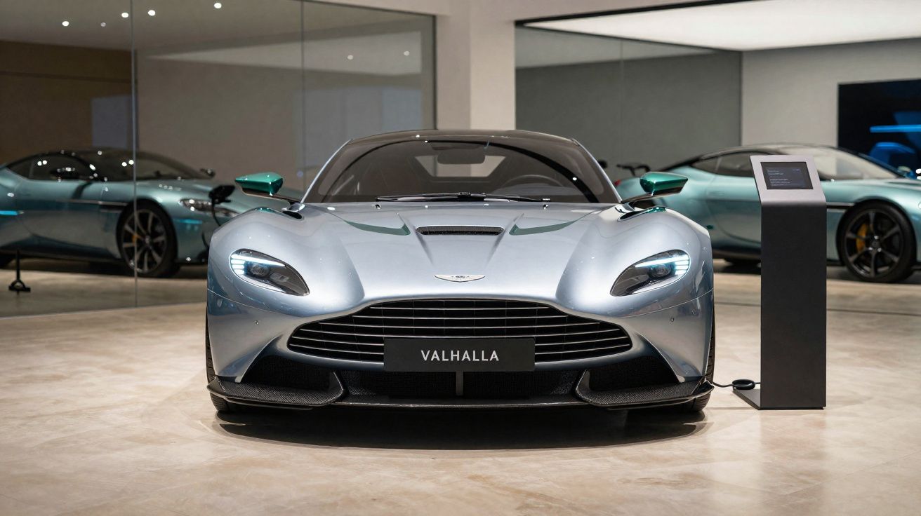 Automóvel desportivo Aston Martin Valhalla prateado em exposição numa sala com chão claro e espelhos.