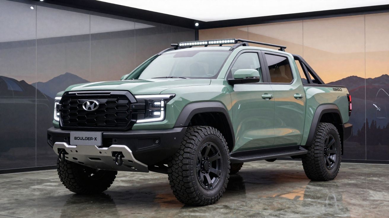 Picape Hyundai Boulder-X verde com design robusto e pneus todo-o-terreno, exibida em salão moderno.