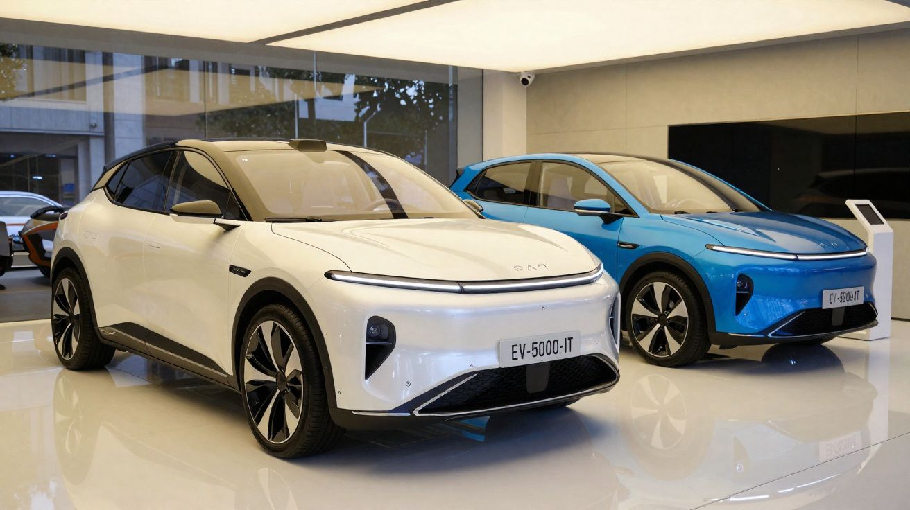 Dois carros elétricos modernos, um branco e um azul, exibidos num showroom com piso brilhante.