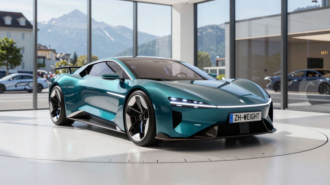 Carro desportivo elétrico azul turquesa exibido num showroom moderno com grandes janelas e vista para montanhas.