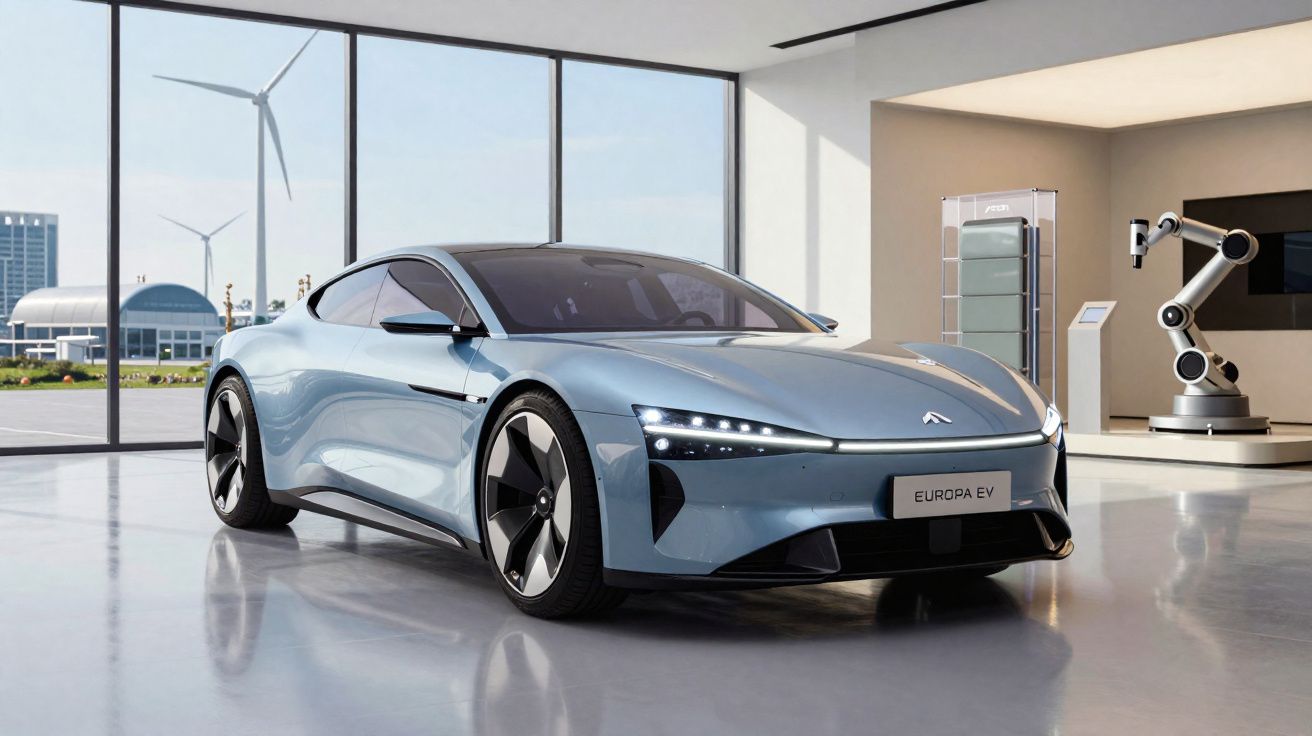Carro elétrico azul claro Europa EV em espaço moderno com janelas grandes e turbinas eólicas ao fundo.