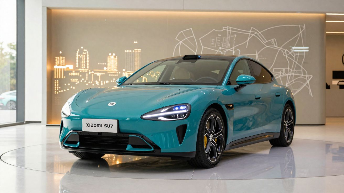Carro elétrico azul Xiaomi SU7 exposto em sala moderna com luzes de cidade iluminadas ao fundo.